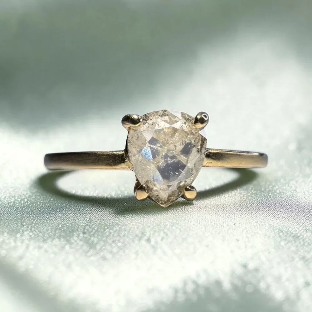 14K Gold Salt & Pepper Pear Diamond Ring - .40CT -Size 5 Dainty Icy Diamond Ring